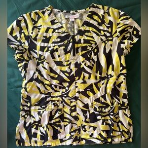 Koi Yellow and Black Abstract Women's Scrub Top.